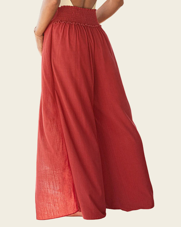 Pantalón tipo lino con tiras anudables en frente y elástico en espalda