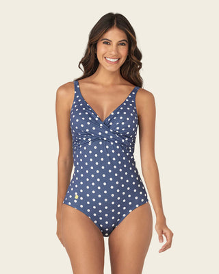 Traje de baño con drapeado en el escote elaborado tecnología BIO-PET#color_a63-estampado-puntos-azul