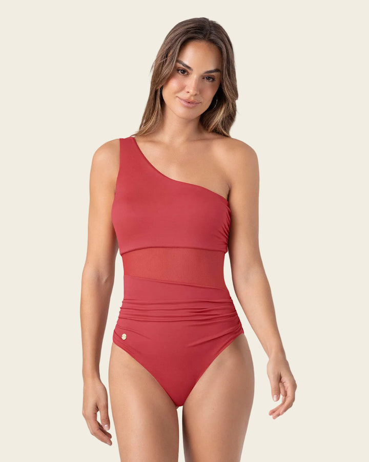 Traje de baño entero de un solo hombro con compresión de abdomen