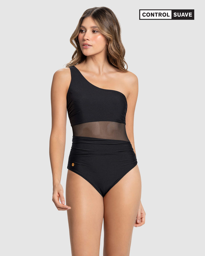 Traje de baño entero de un solo hombro con compresión suave de abdomen bajo