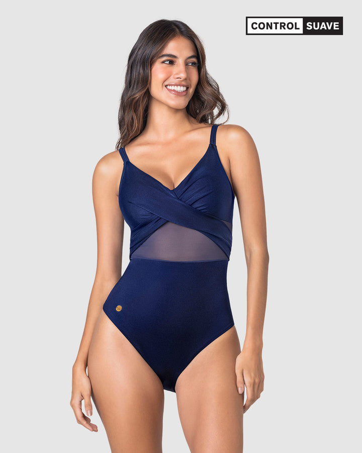Traje de baño entero con escote cruzado y tela con brillo