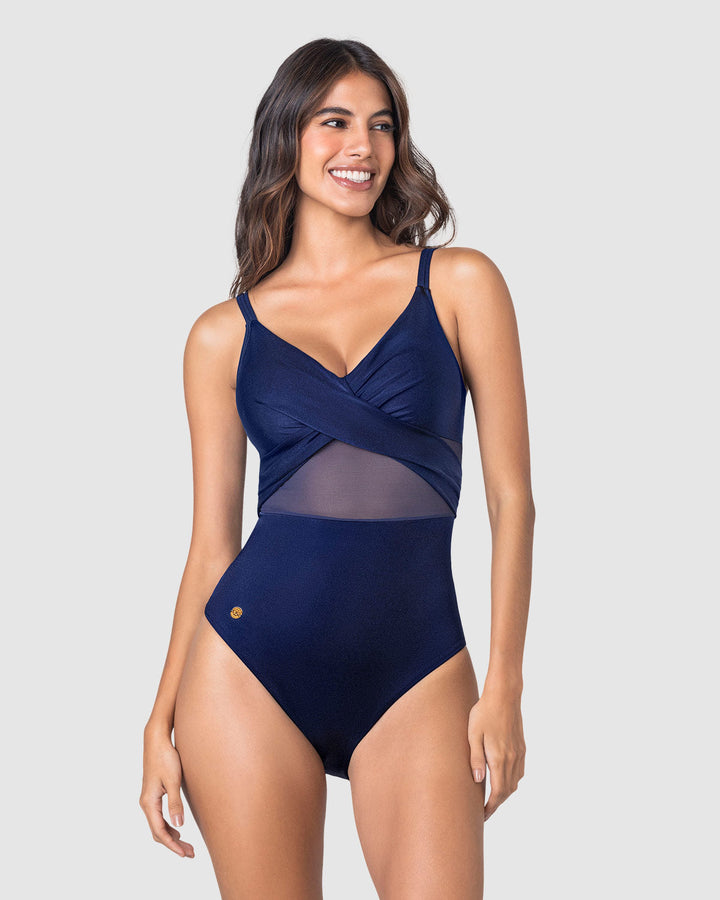 Traje de baño entero con escote cruzado y tela con brillo