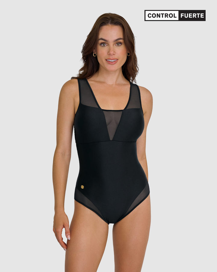 Traje de baño entero con detalles en tul en escote y piernas