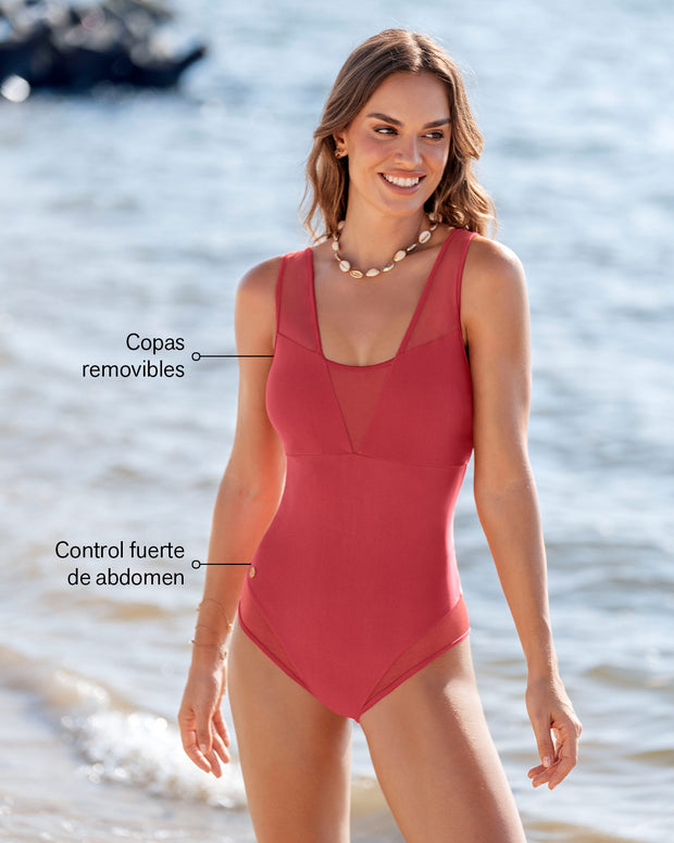 Traje de baño entero de compresión fuerte con detalles en tul - Hasta 2 cm menos