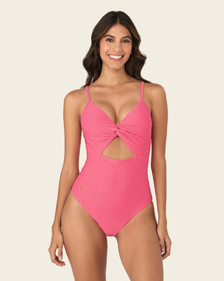 Traje de baño entero de compresión suave con detalle de escote cruzado#color_211-salmon