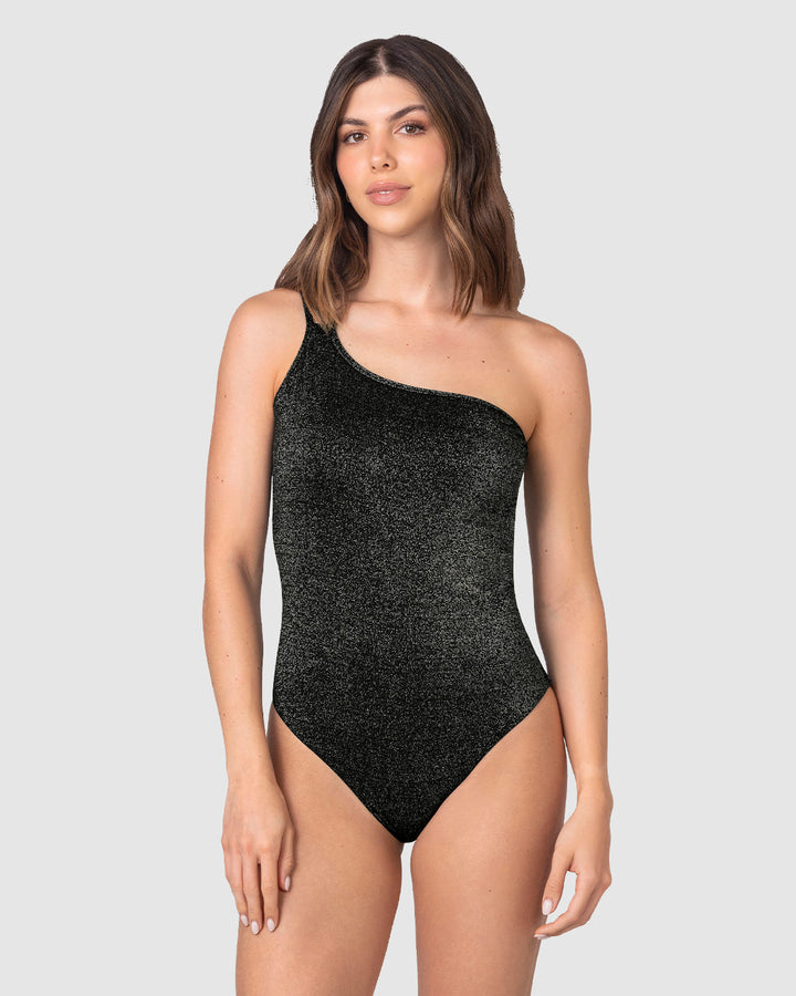 Traje de baño entero asimétrico en tela con brillo