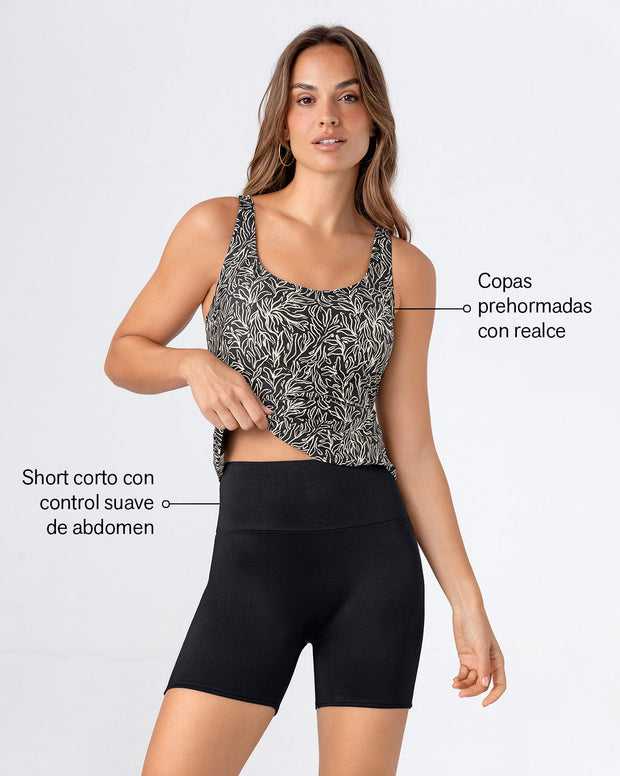 Solo-POS Traje de baño de dos piezas Camiseta y Short de compresión de abdomen