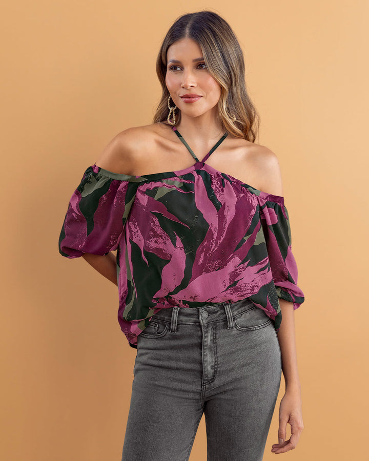 Blusa manga 3/4 de hombro caído y tiras en frente