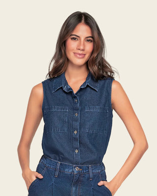 Blusa manga sisa cuello de camisero en denim liviano#color_052-azul-medio