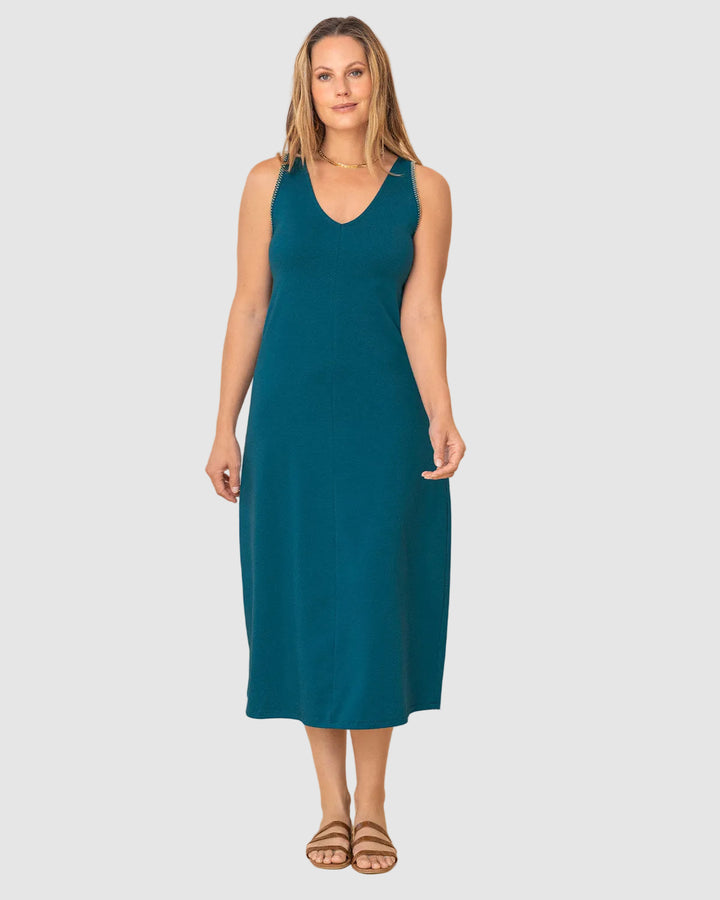 Vestido midi esencial con detalle bordado en sisa