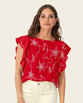Blusa en tela bordada con bolero en mangas#color_302-rojo