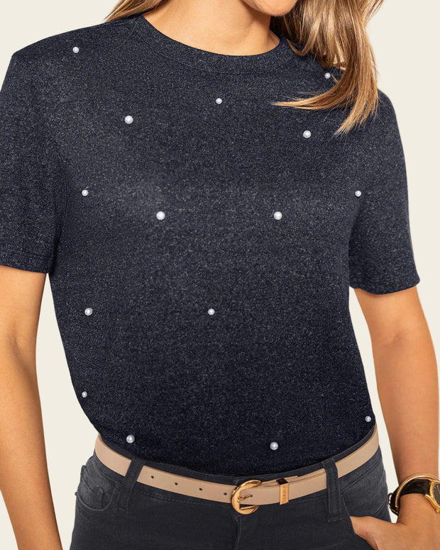 Camiseta manga corta con apliques de perlas