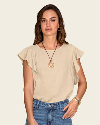 Blusa con boleros en mangas en tela craquelada#color_c76-beige