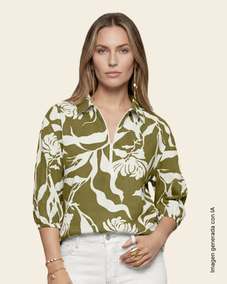 Blusa fluida con mangas con volumen#color_061-hojas