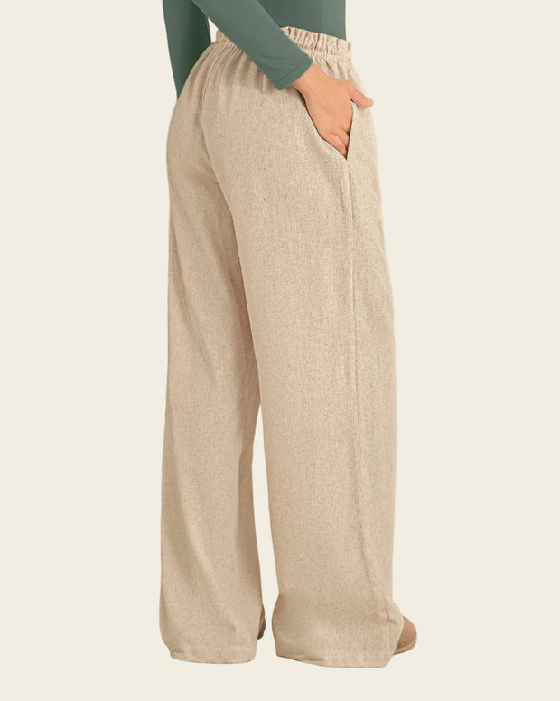 Pantalón bota recta en tela tipo lino grueso