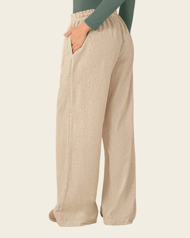 Pantalón bota recta en tela tipo lino grueso