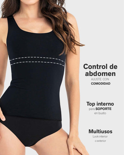 Camiseta de compresión moderada con doble capa en abdomen#color_700-negro