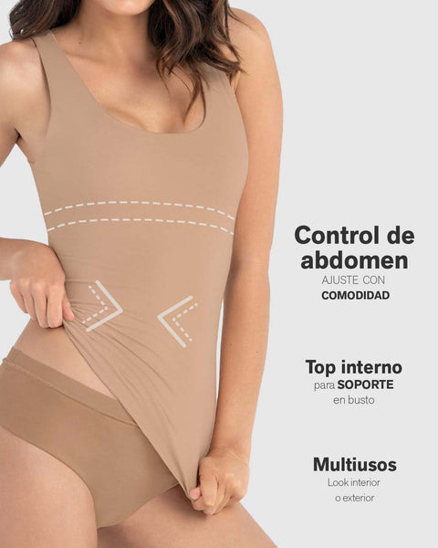 Camiseta de compresión moderada con doble capa en abdomen#color_801-cafe-medio