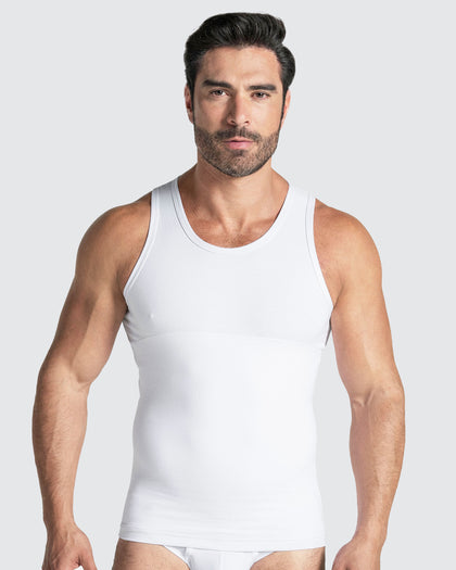 Camiseta de compresión moderada en abdomen y zona lumbar en algodón elástico#color_000-blanco