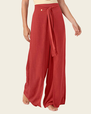 Pantalón tipo lino con tiras anudables en frente y elástico en espalda#color_391-rojo-coral