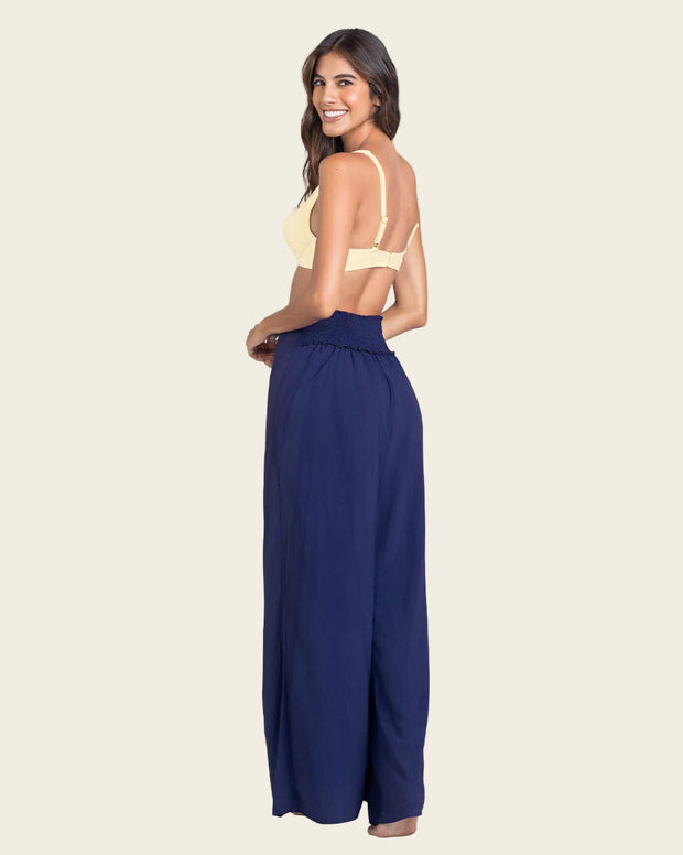 Pantalón tipo lino con tiras anudables en frente y elástico en espalda