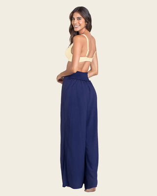 Pantalón tipo lino con tiras anudables en frente y elástico en espalda#color_547-azul