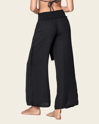 Pantalón playero tipo lino anudable en el frente#color_700-negro