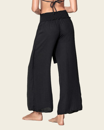 Pantalón playero tipo lino anudable en el frente#color_700-negro