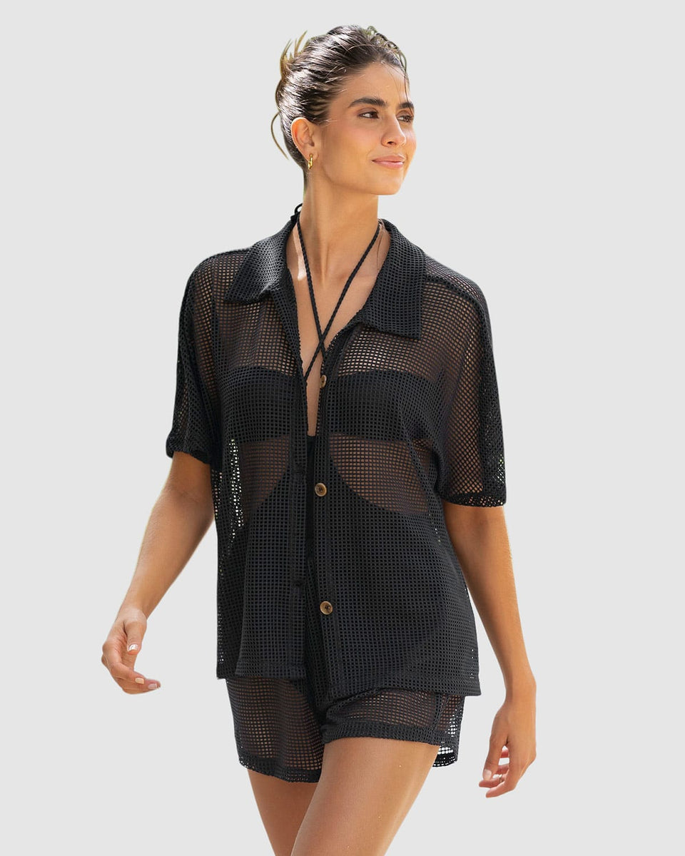 Camiseta en malla con botones tipo carey
