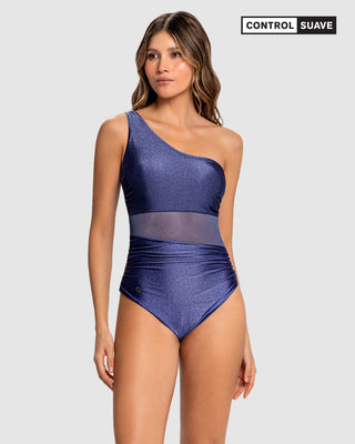 Traje de baño entero de un solo hombro con compresión suave de abdomen bajo#color_408-azul
