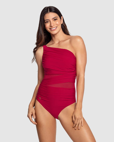 Traje de baño entero de compresión de abdomen y hombro asimétrico#color_323-rojo