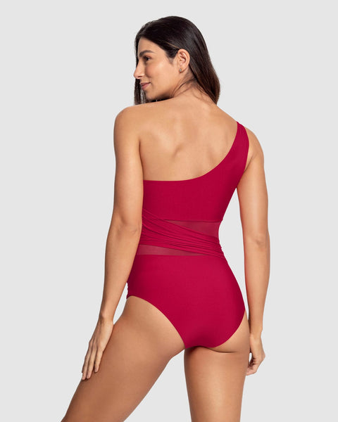 Traje de baño entero de compresión de abdomen y hombro asimétrico#color_323-rojo