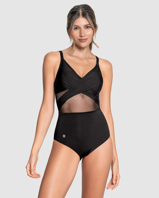 Traje de baño entero de compresión suave en abdomen y drapeado en escote#color_700-negro