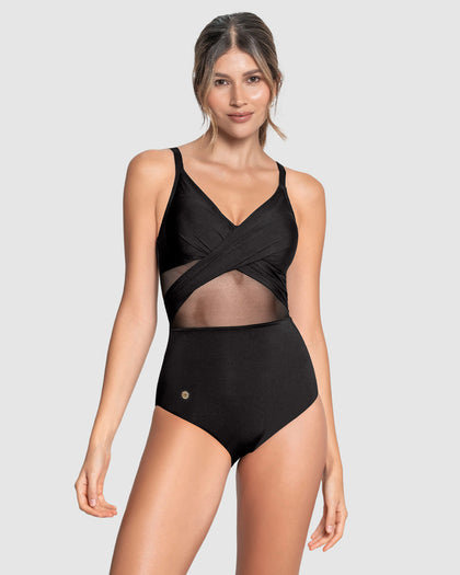 Traje de baño entero de compresión suave en abdomen y drapeado en escote#color_700-negro