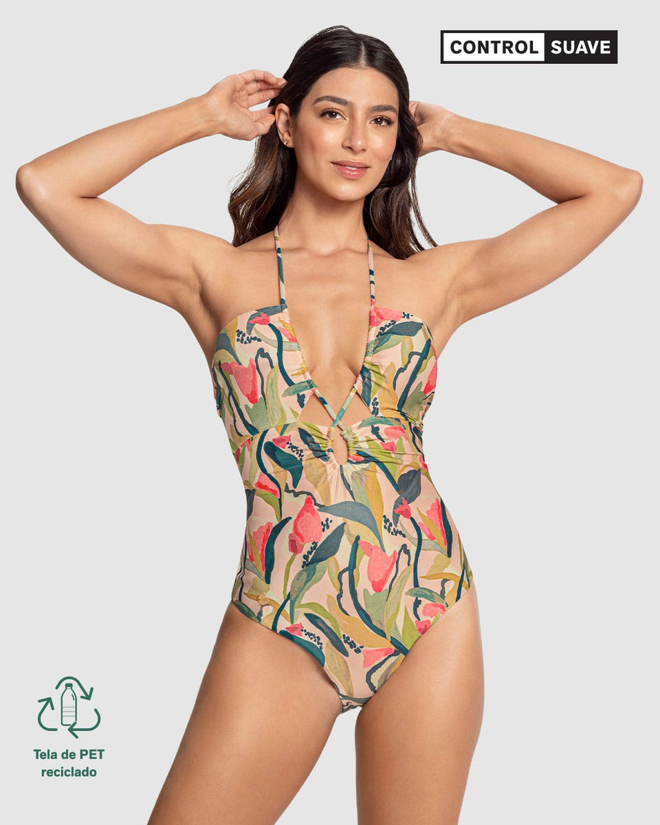 Traje de baño entero anudable al cuello elaborado con PET reciclado