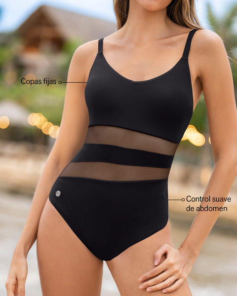 Traje de baño entero de compresión con franjas en tul#color_700-negro