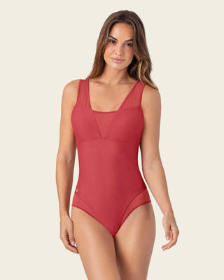 Traje de baño entero de compresión fuerte con detalles en tul - Hasta 2 cm menos#color_391-rojo-coral