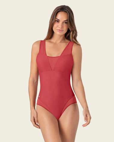 Traje de baño entero de compresión fuerte con detalles en tul - Hasta 2 cm menos#color_391-rojo-coral