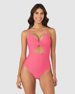 Traje de baño entero de compresión suave con detalle de escote cruzado#color_211-salmon