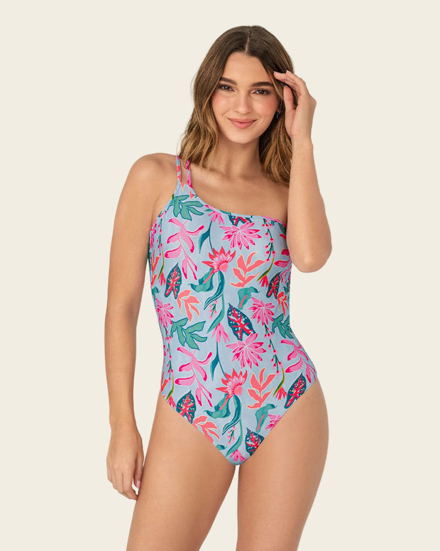 Traje de baño entero estampado de un solo hombro