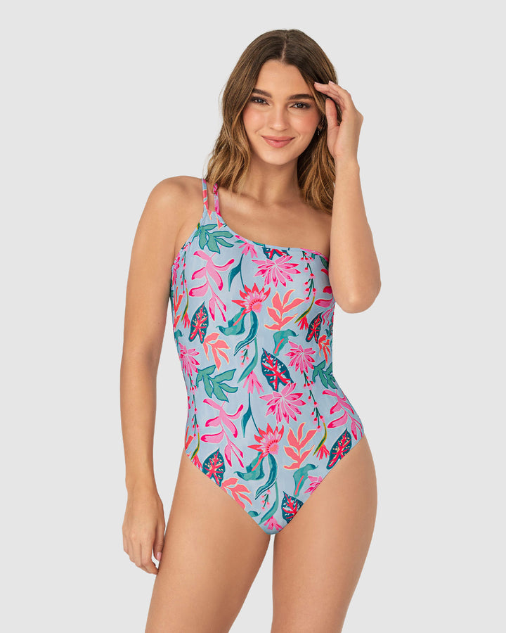 Traje de baño entero estampado de un solo hombro