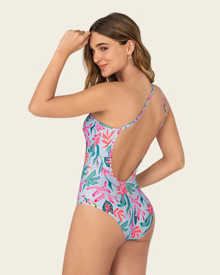 Traje de baño entero estampado de un solo hombro#color_485-estampado-flores