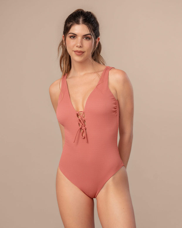Solo-POS Traje de baño entero con escote profundo anudable