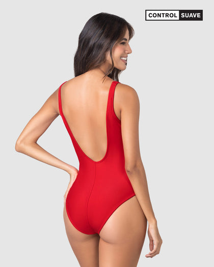 Traje de baño entero escote profundo#color_377-rojo