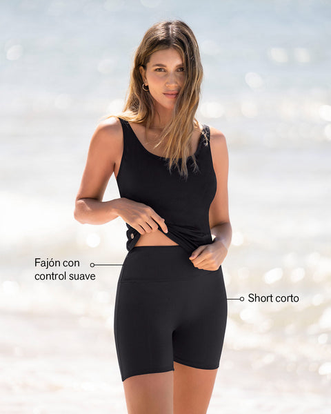 Traje de baño de dos piezas con short de compresión de abdomen#color_700-negro