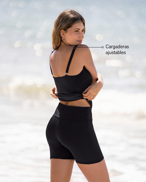 Traje de baño de dos piezas con short de compresión de abdomen#color_700-negro