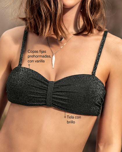 Bikini en tela brillante strapless y panty de laterales anchos#color_701-negro