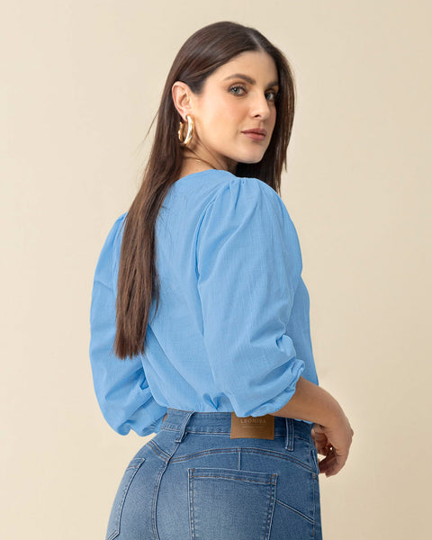 Blusa manga 3/4 con efecto volumen#color_052-azul