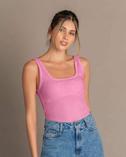 Camiseta manga sisa con cuello en u y espalda descubierta#color_301-rosado