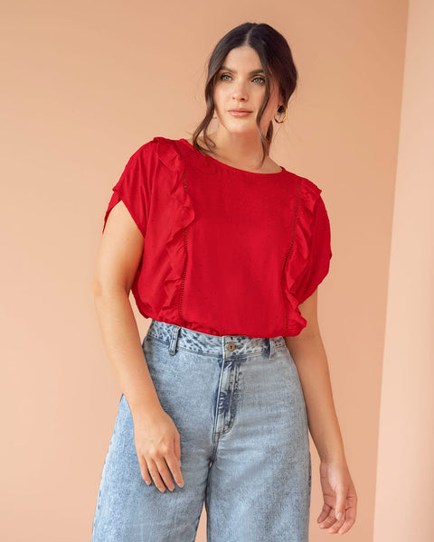 Blusa manga corta con cuello redondo y boleros#color_302-rojo